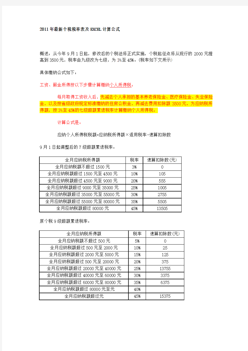 2011年最新个税税率表及EXCEL计算公式