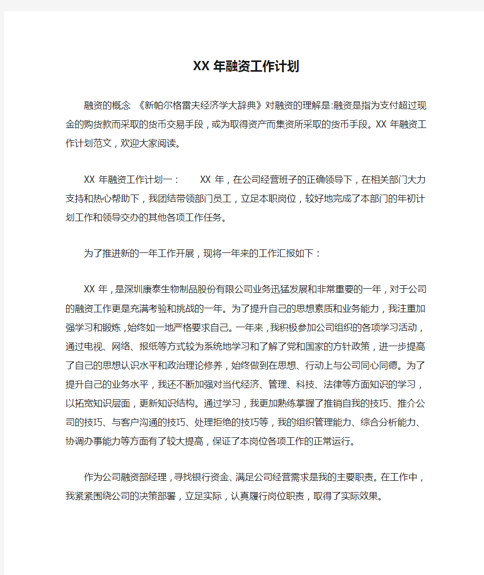 XX年融资工作计划