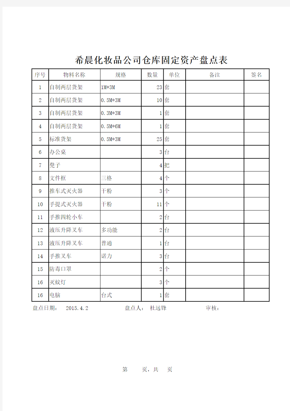 仓库固定资产 盘点表