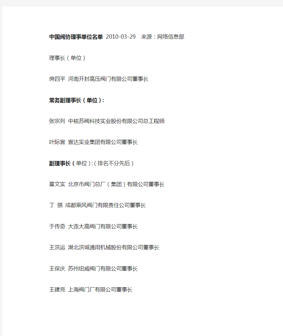 中国阀协理事单位名单