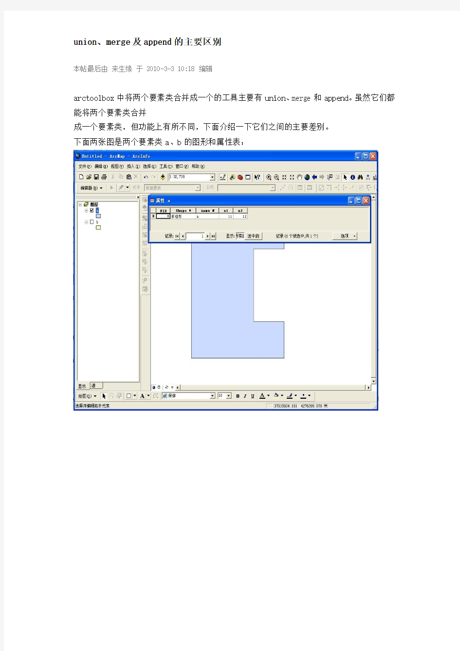 arcgis union、merge及append的主要区别(对图层而言)