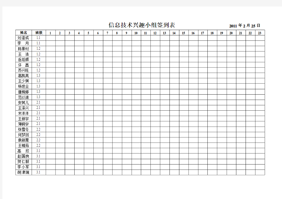 信息技术兴趣小组签到表