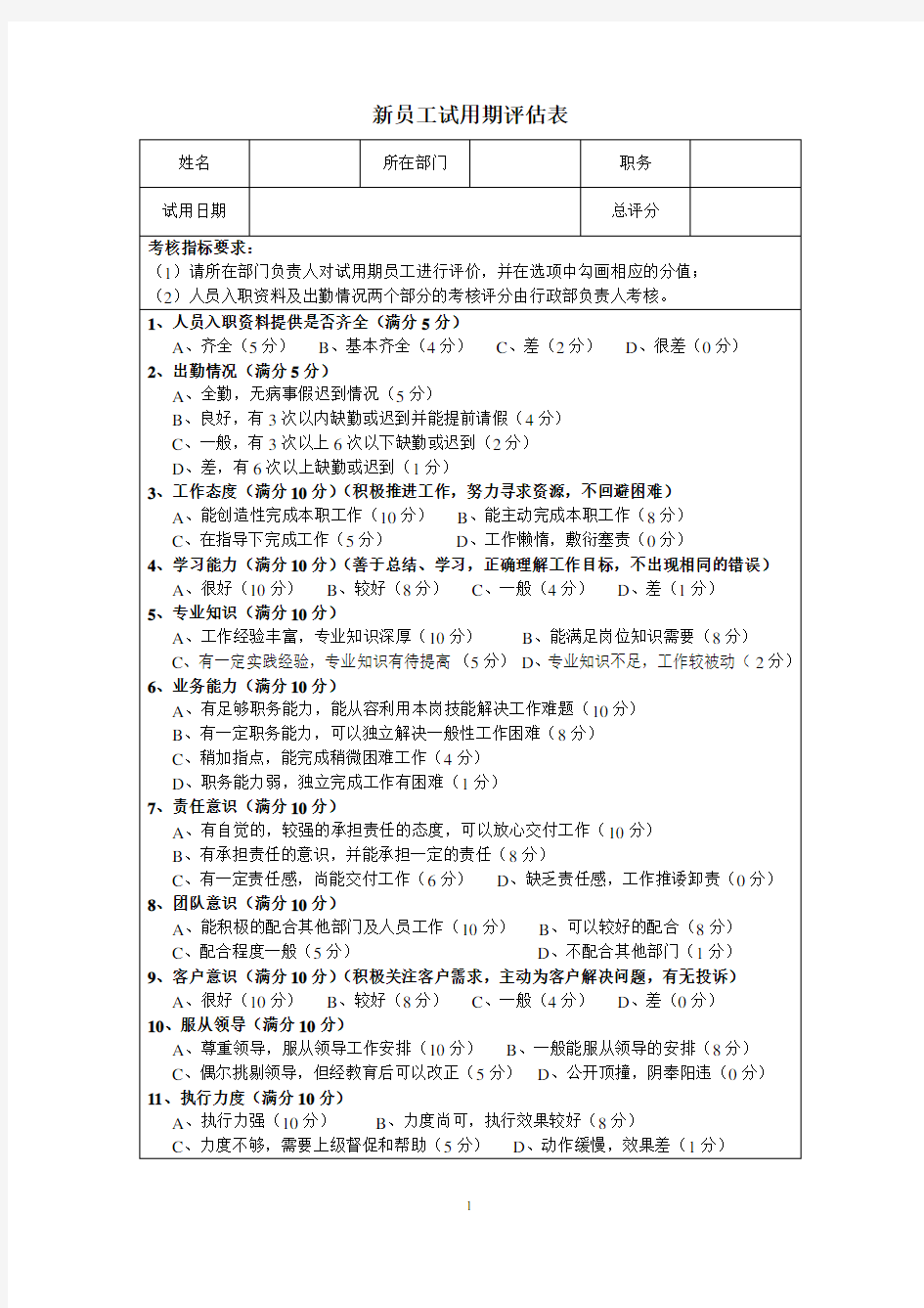 新员工试用期考核表2012