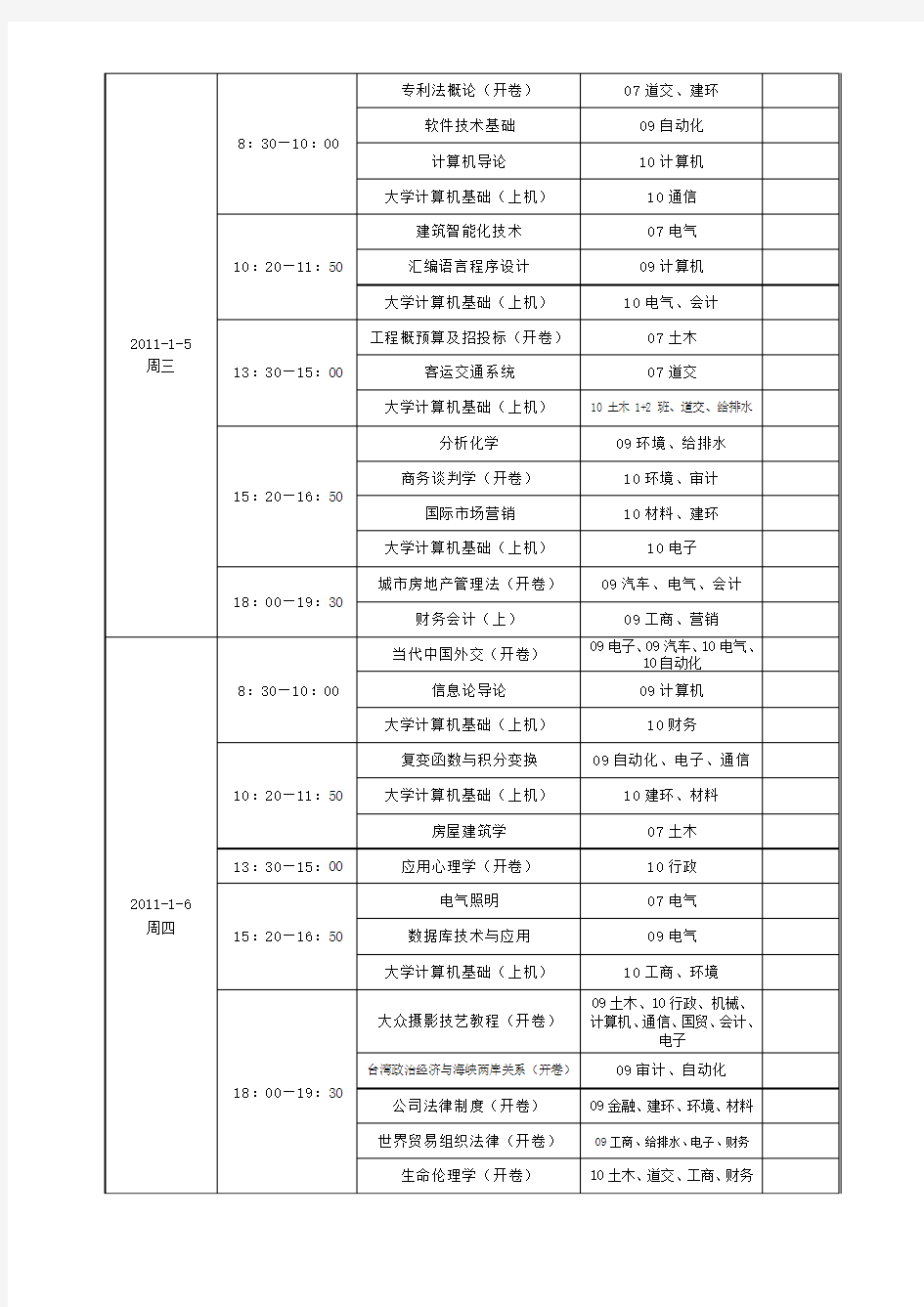 同济大学浙江学院关于2010-2011学年第一学期期末考试安排的通知