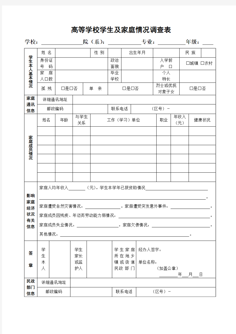 贫困生助学金家庭情况调查表