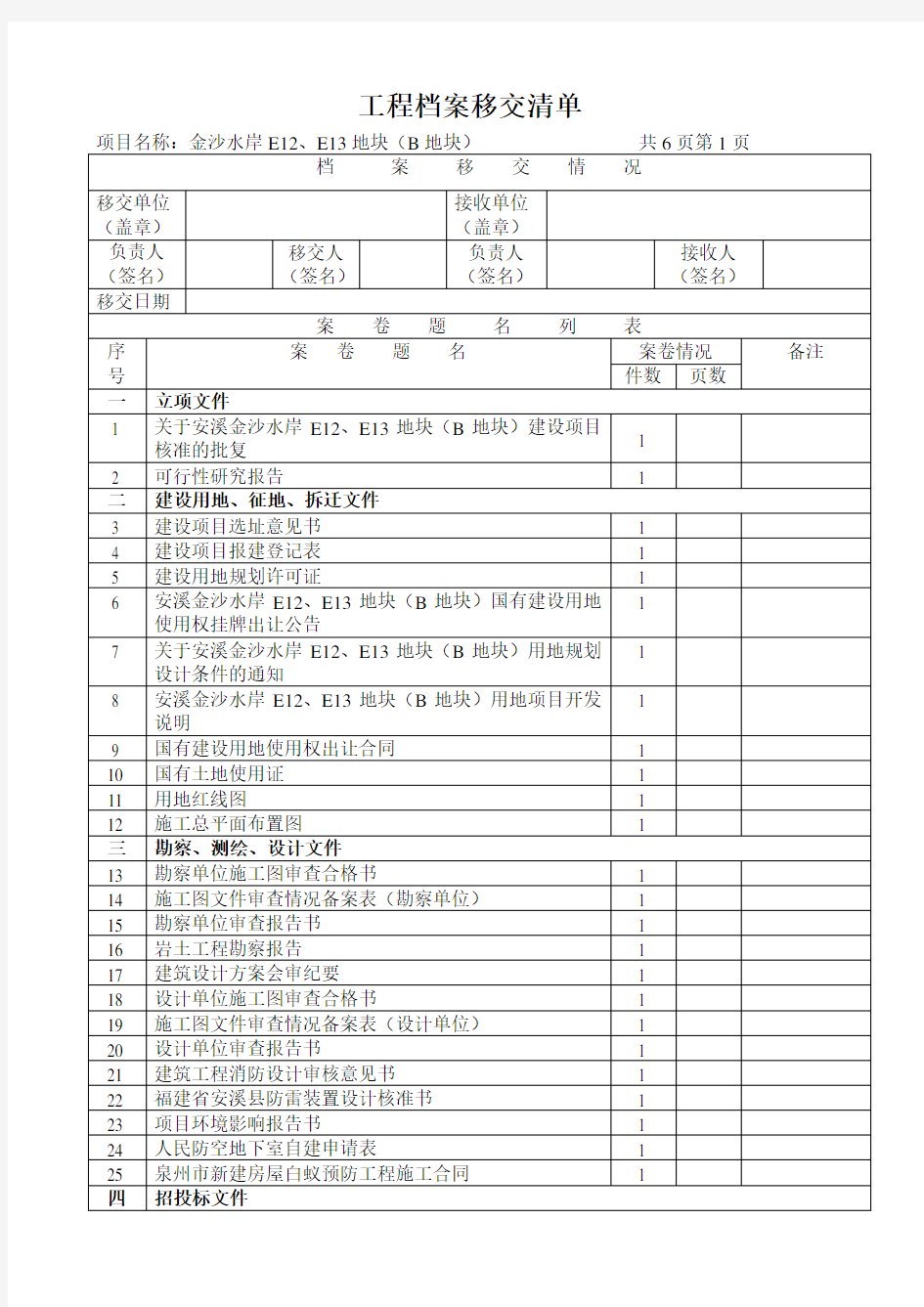 工程竣工资料移交建设档案馆移交清单