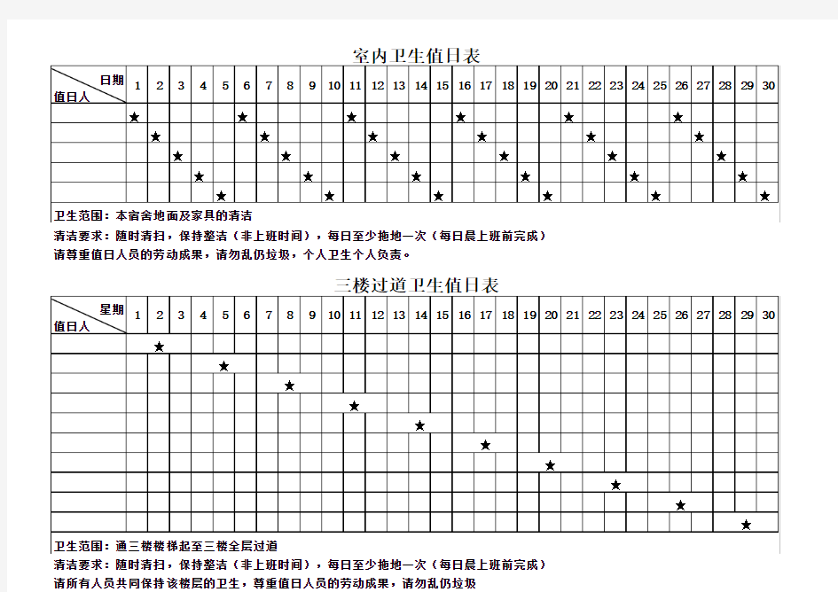 室内清洁卫生值日表