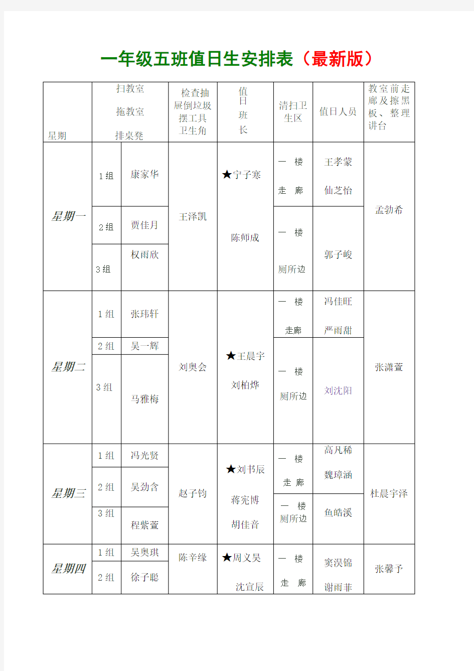 一年级五班值日生安排表