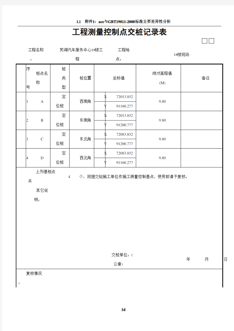 工程测量控制点交桩记录表范本