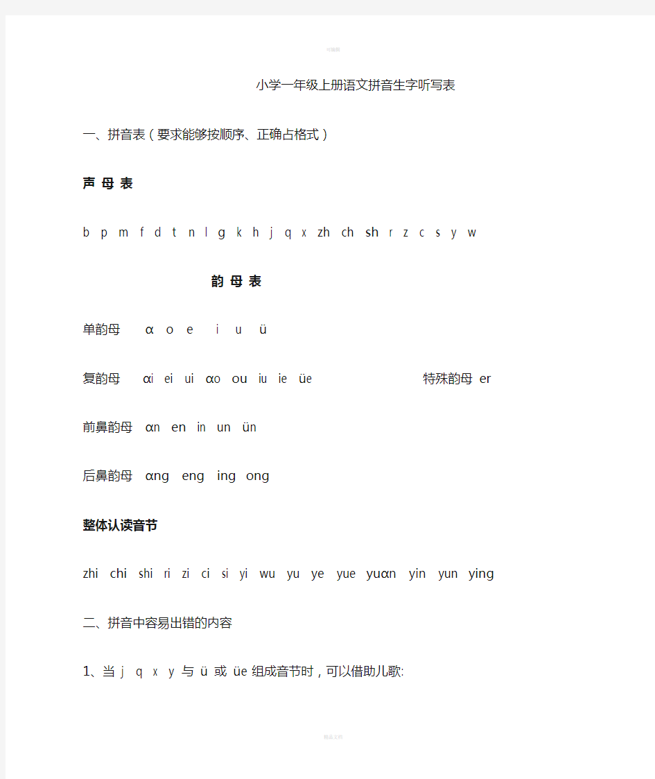 小学一年级上册语文拼音生字听写表