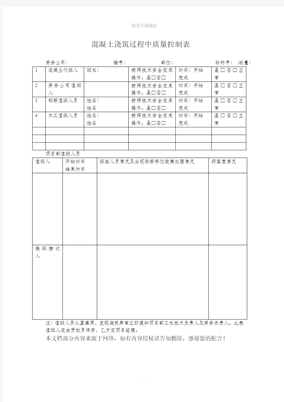 混凝土浇筑过程中质量控制表