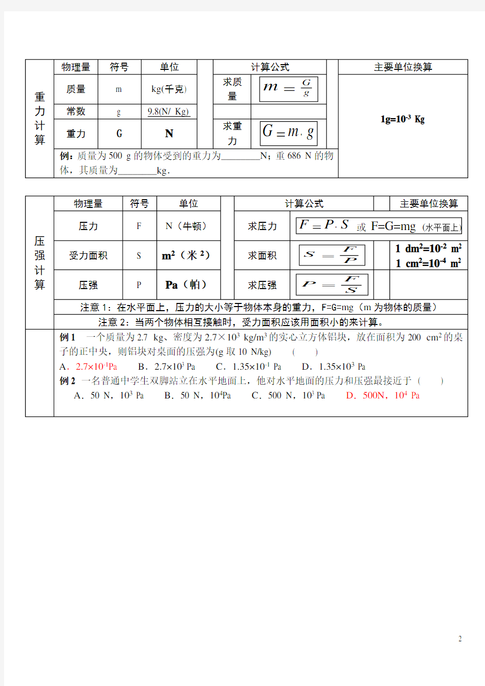 初三物理计算公式汇总