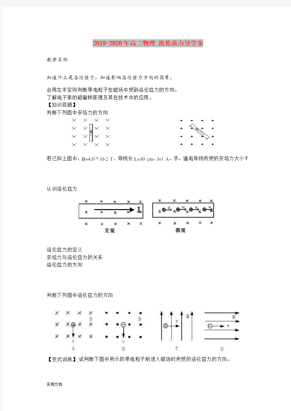 2020-2021年高二物理 洛伦兹力导学案 