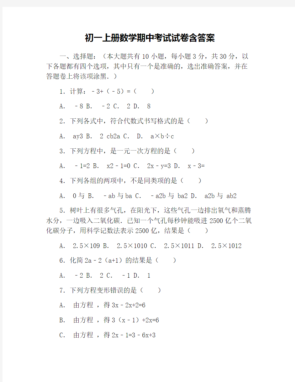 初一上册数学期中考试试卷含答案