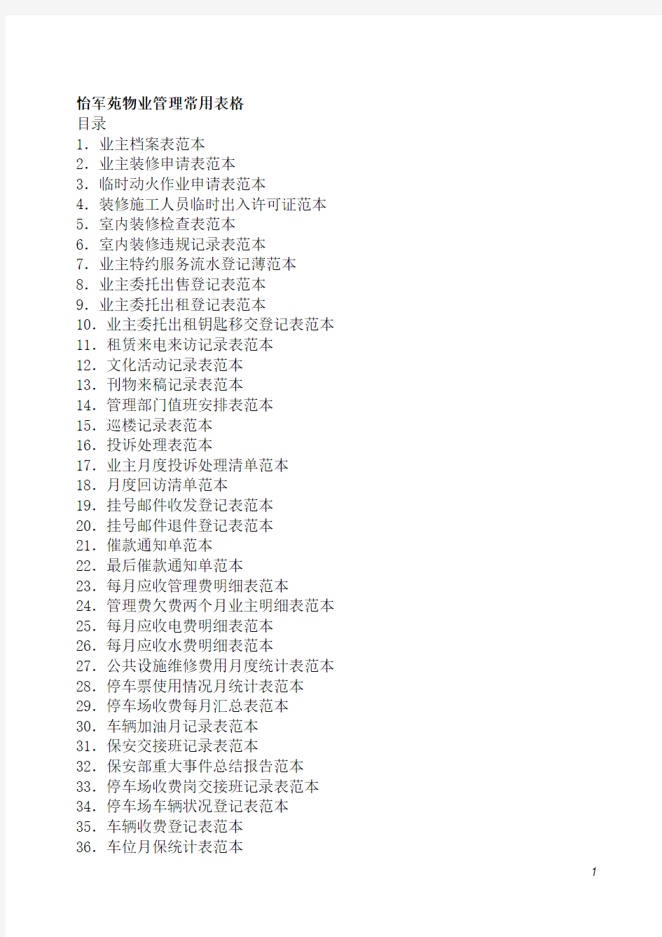 住宅小区物业管理常用表格表单