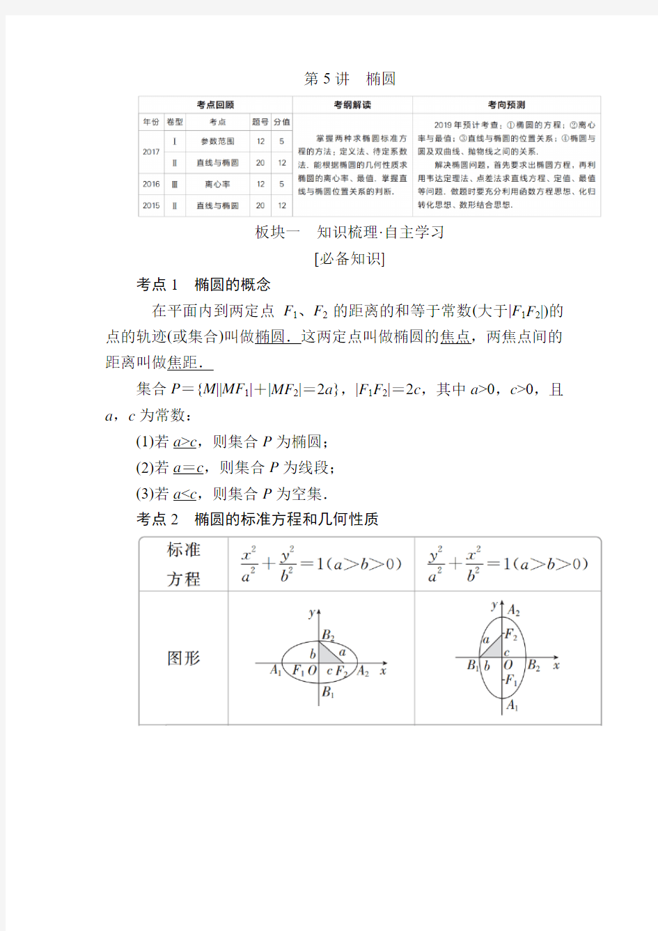 2019届高三数学一轮复习经典学案(文理通用)：第8章 平面解析几何 第5讲椭圆