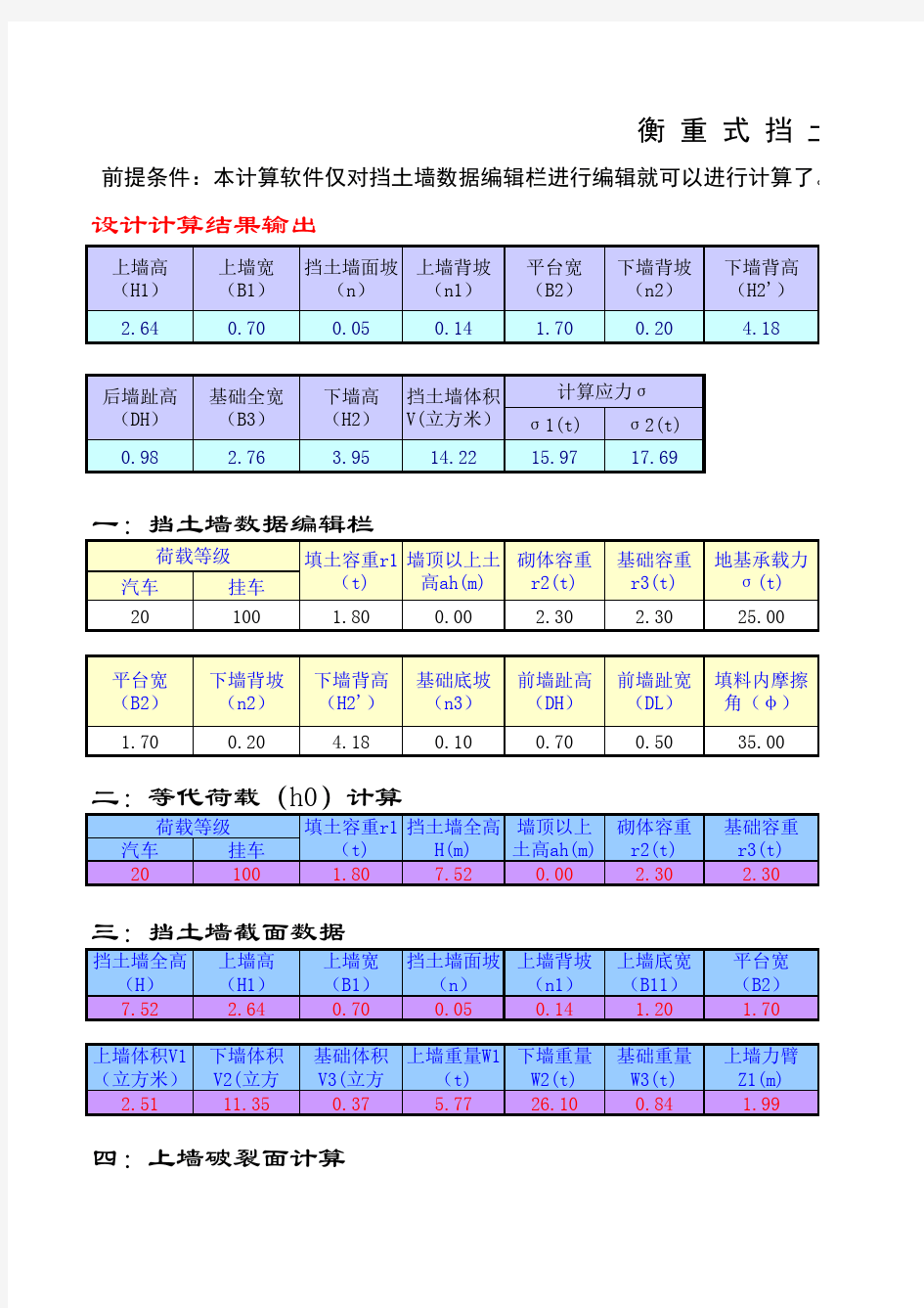 挡土墙工程量计算表格(直接计算)