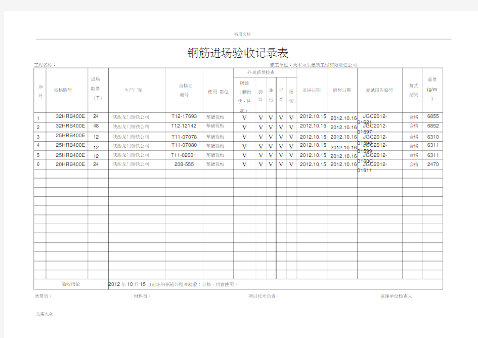 (完整版)钢筋进场验收记录簿表