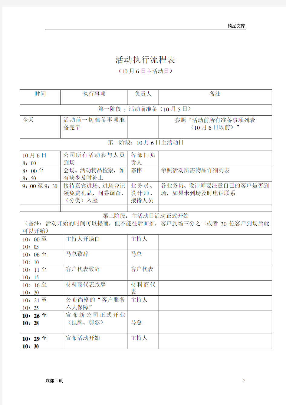 活动执行流程表