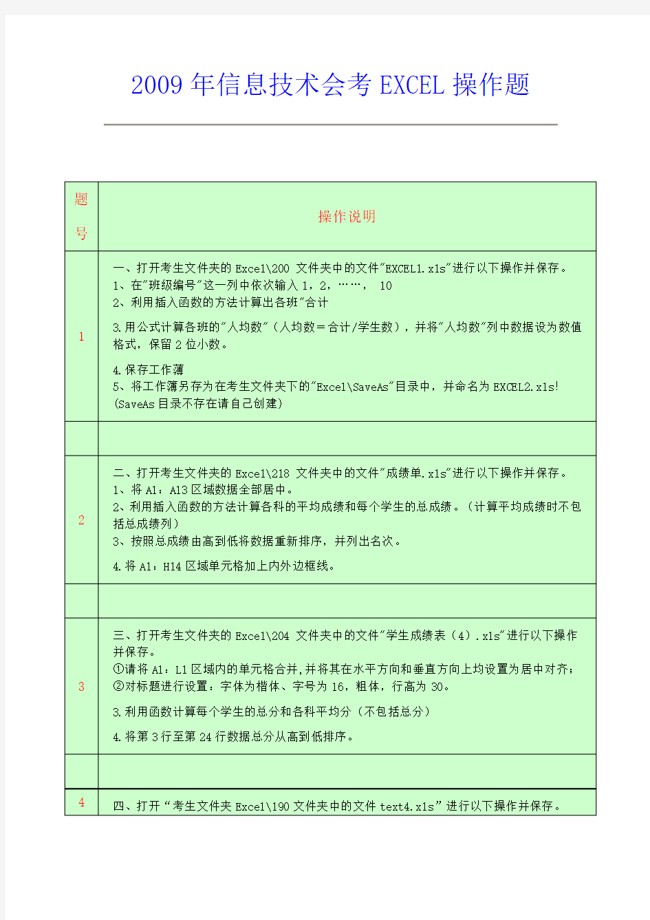 信息技术会考EXCEL操作题