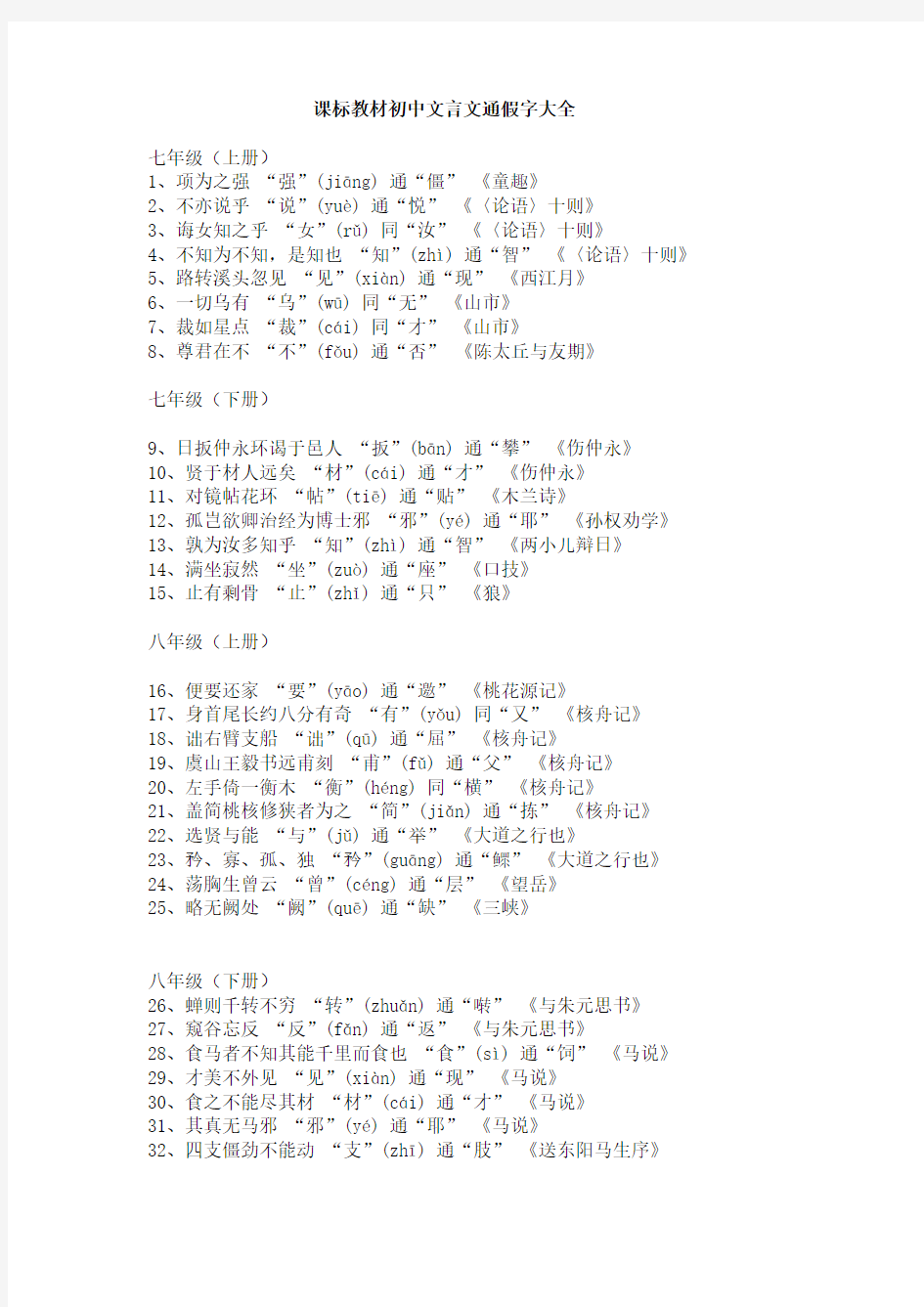 课标教材初中文言文通假字大全