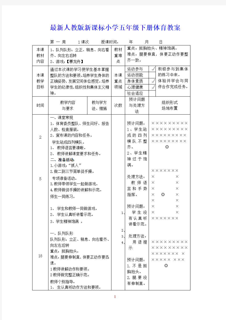 最新人教版小学五年级下册体育教案全集