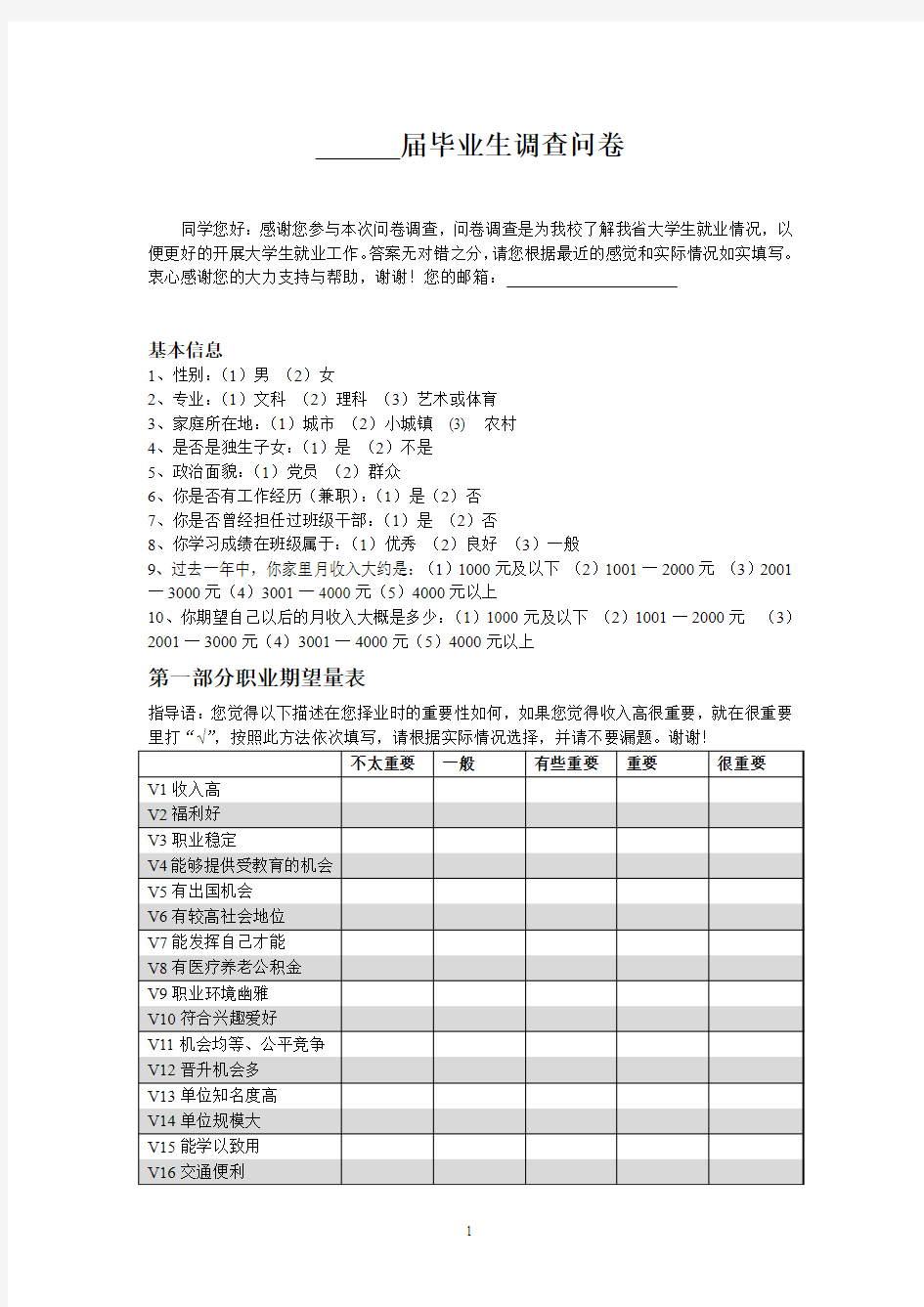 大学毕业生调查问卷样例