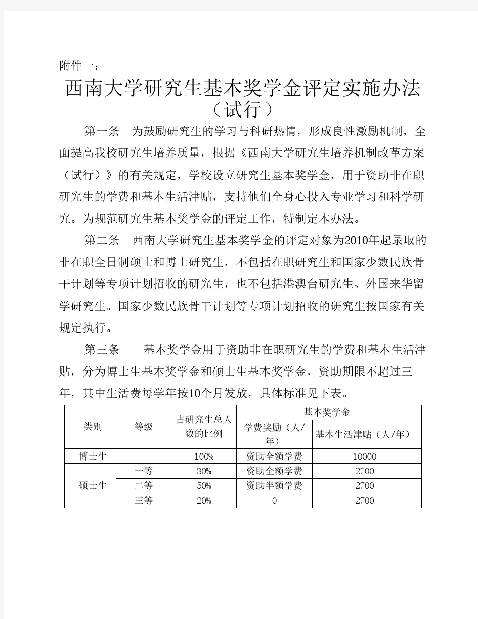 西南大学研究生基本奖学金评定实施办法