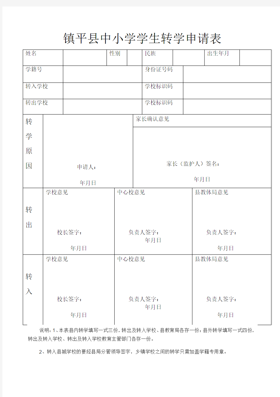 镇平县中小学学生转学申请表