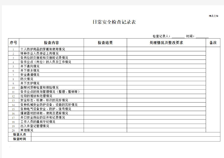 日常安全检查记录表模版