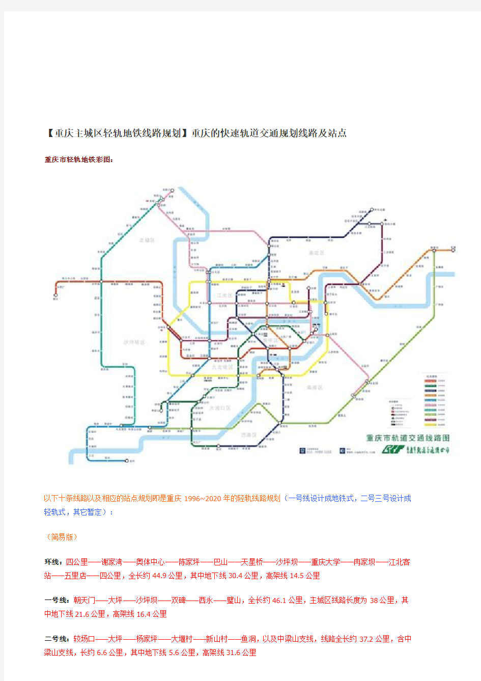 重庆轻轨规划线路图及站点
