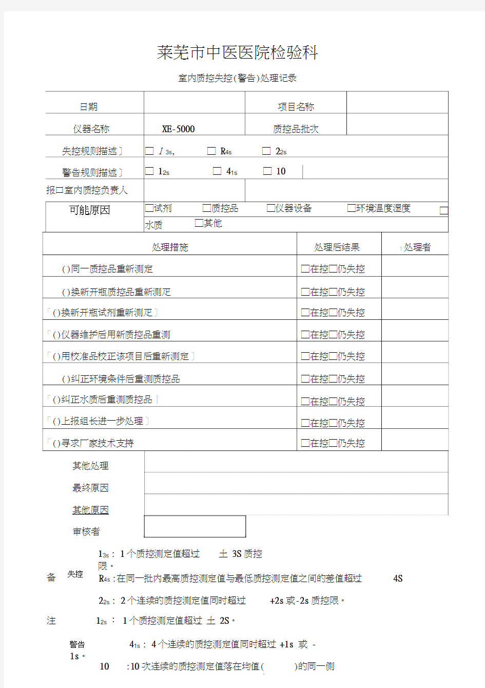 室内质控失控(警告)处理记录