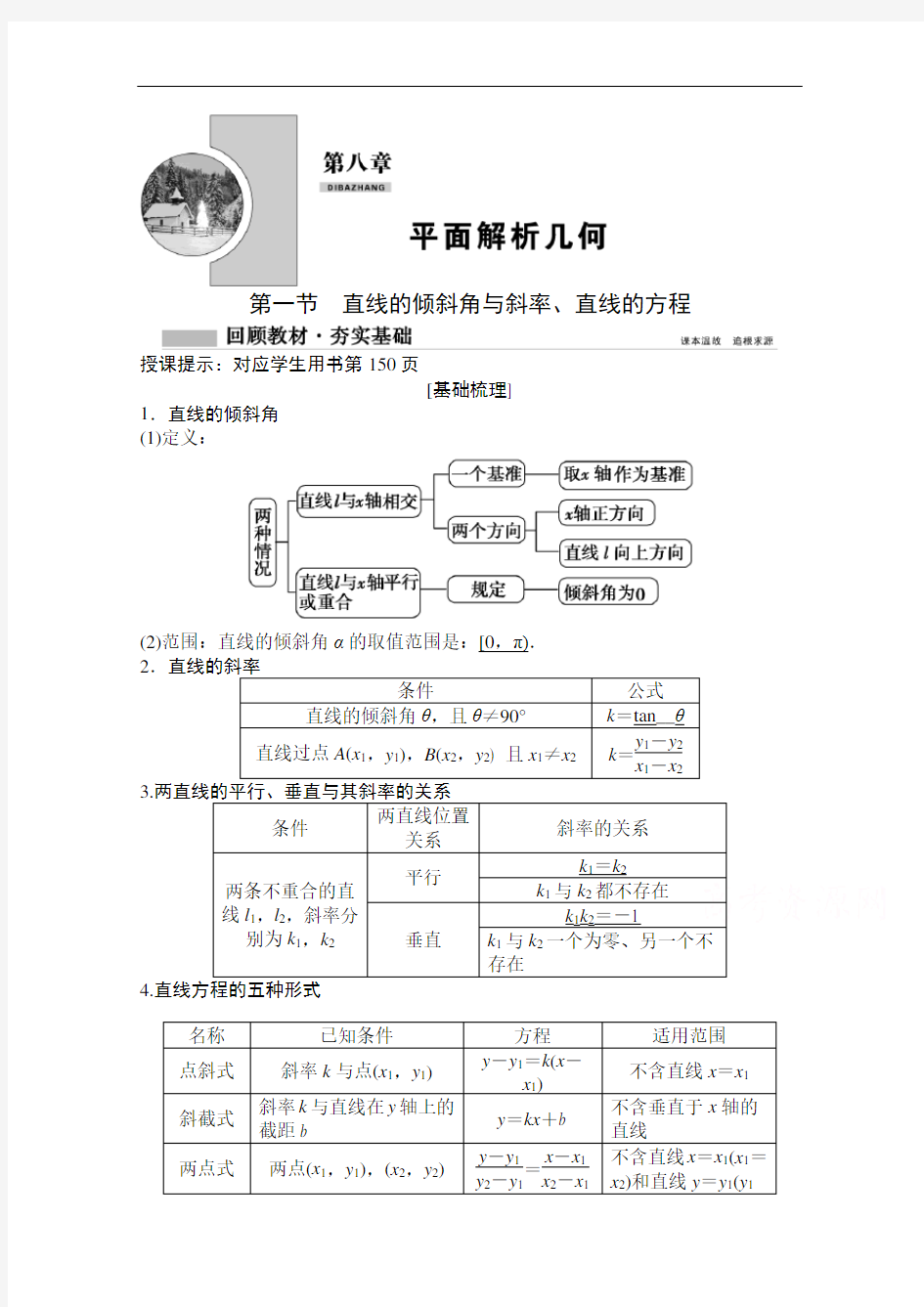 2022高三统考数学文北师大版一轮：第八章第一节 直线的倾斜角与斜率、直线的方程