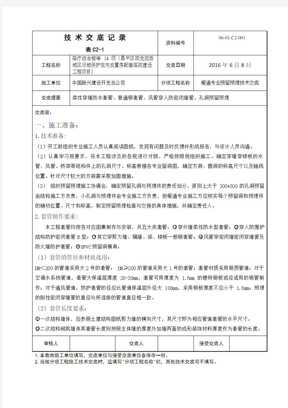 暖通专业预留预埋技术交底大全