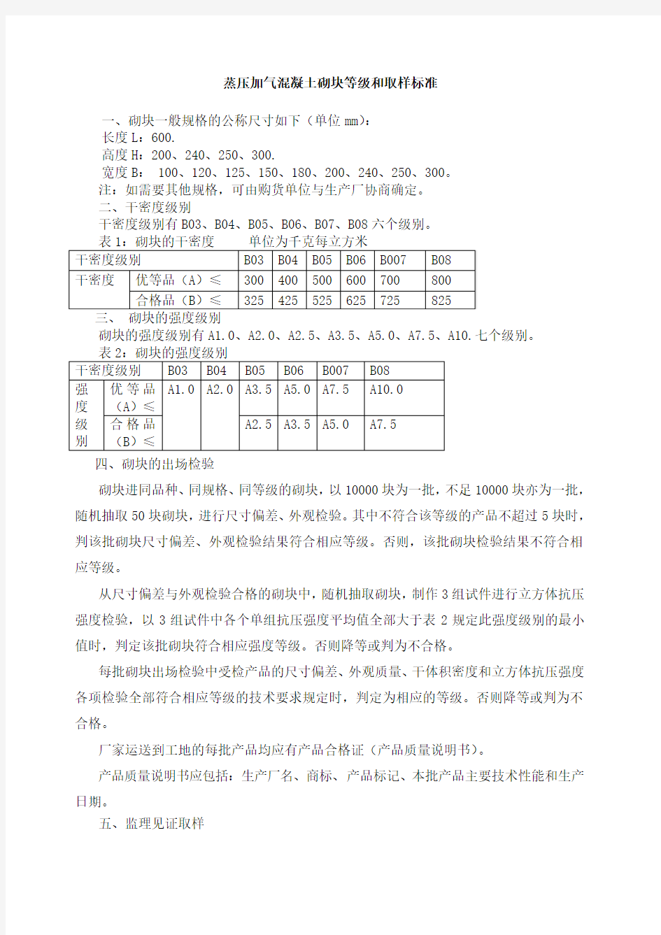 蒸压加气混凝土砌块等级和取样标准