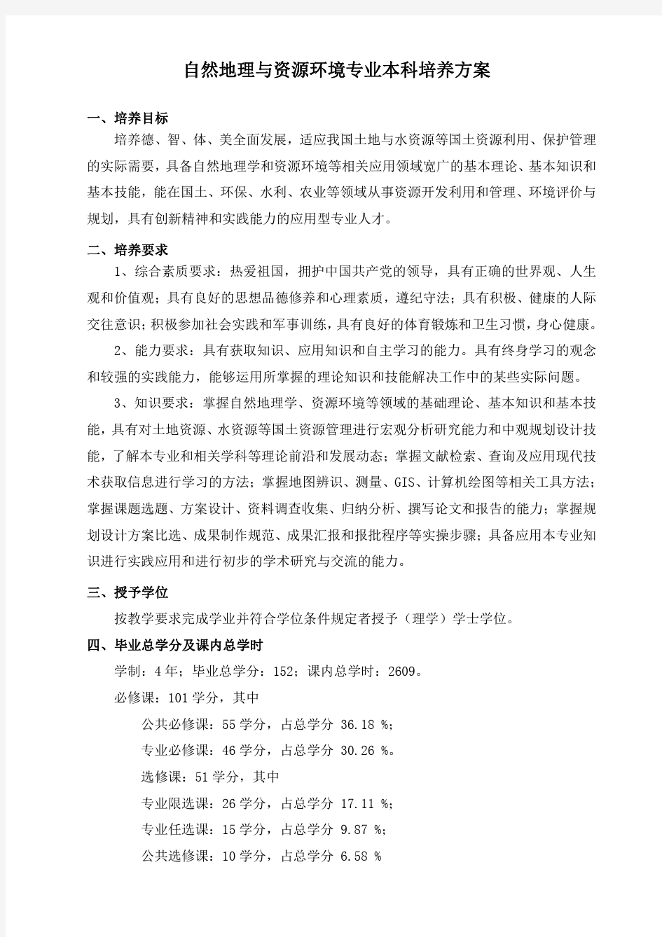 自然地理与资源环境专业本科培养方案