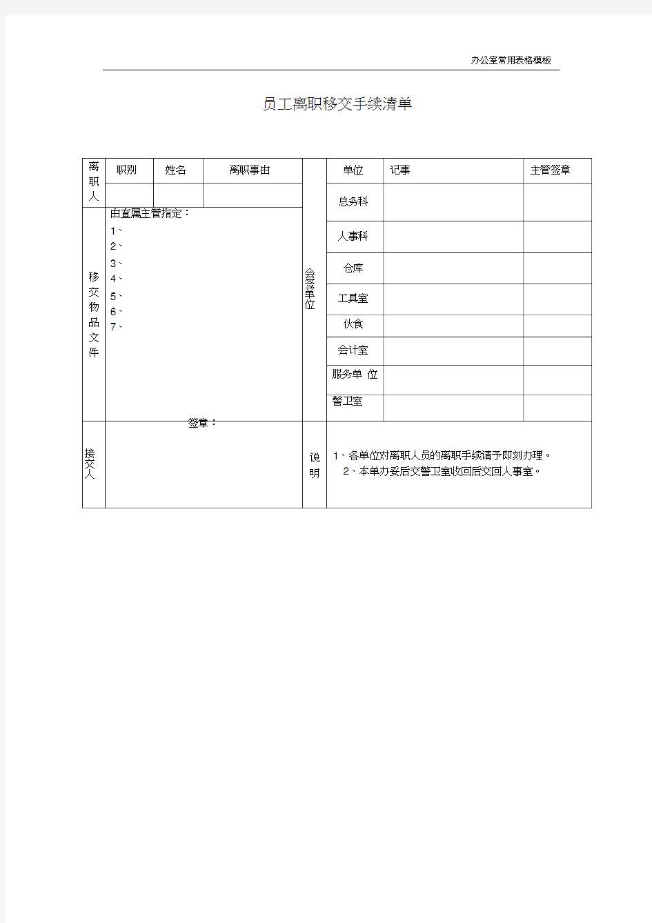 【办公室常用表格模板】员工离职移交手续清单