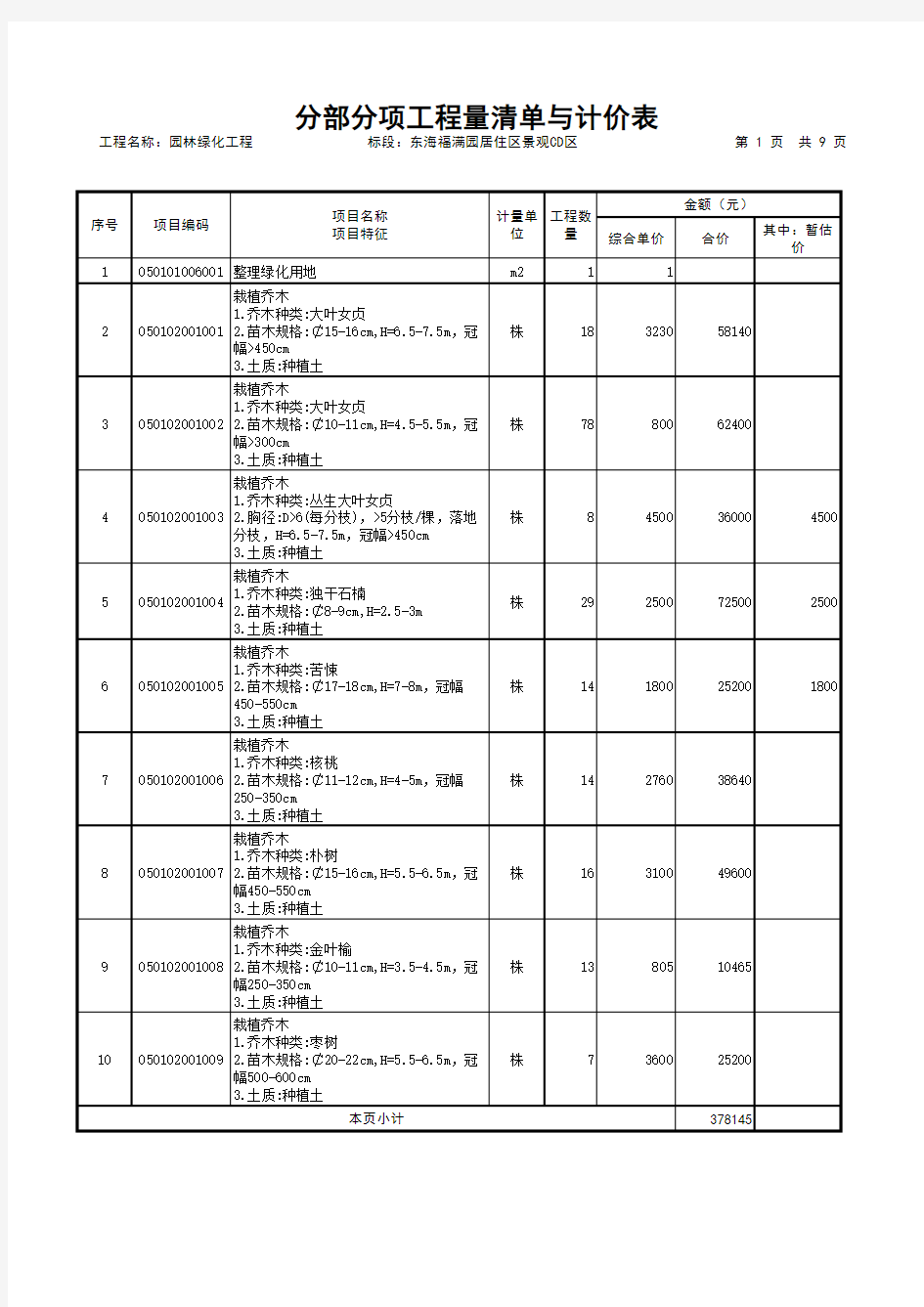 园林绿化工程报价单