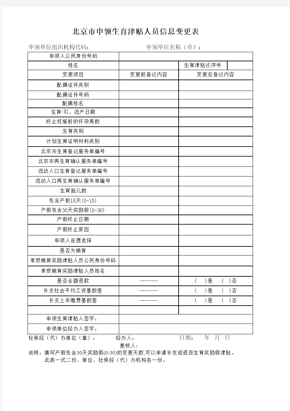 北京市申领生育津贴人员信息变更表