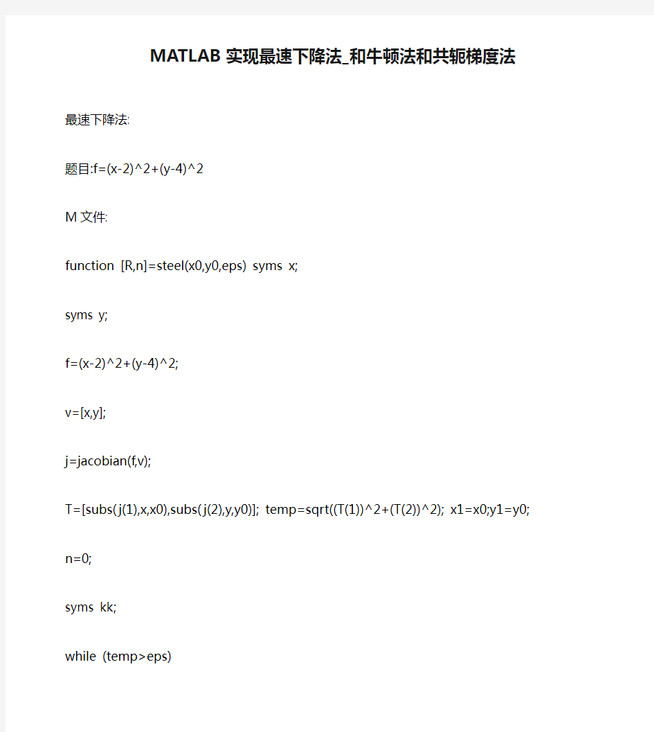 MATLAB实现最速下降法_和牛顿法和共轭梯度法