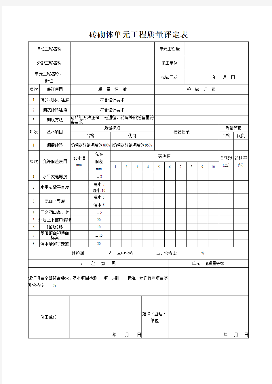 砖砌体单元工程质量评定表