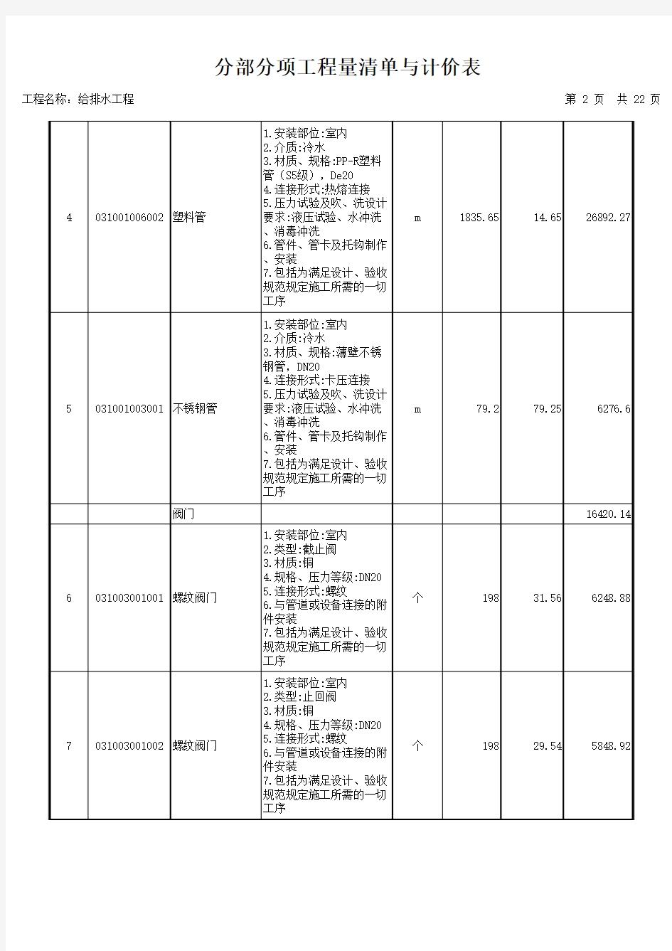 给排水工程预算书