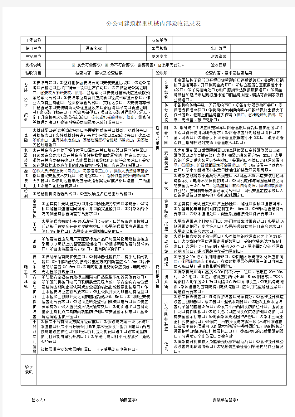 起重机械内部验收记录表