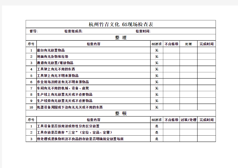 6S现场检查表