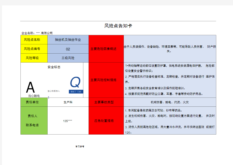 危险源辨识风险点告知卡