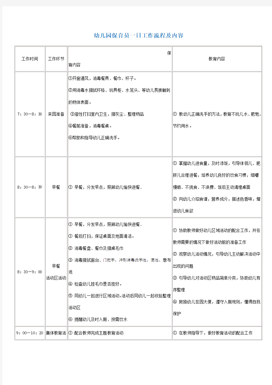 幼儿园保育员一日工作流程及内容