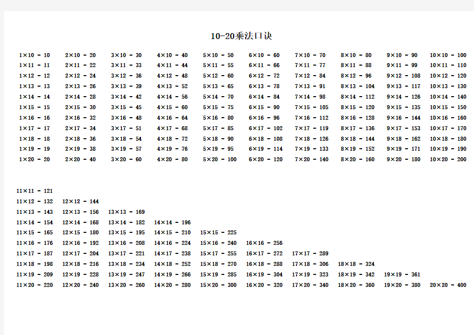 小学数学20以内乘法口诀(大乘法口诀表)打印版