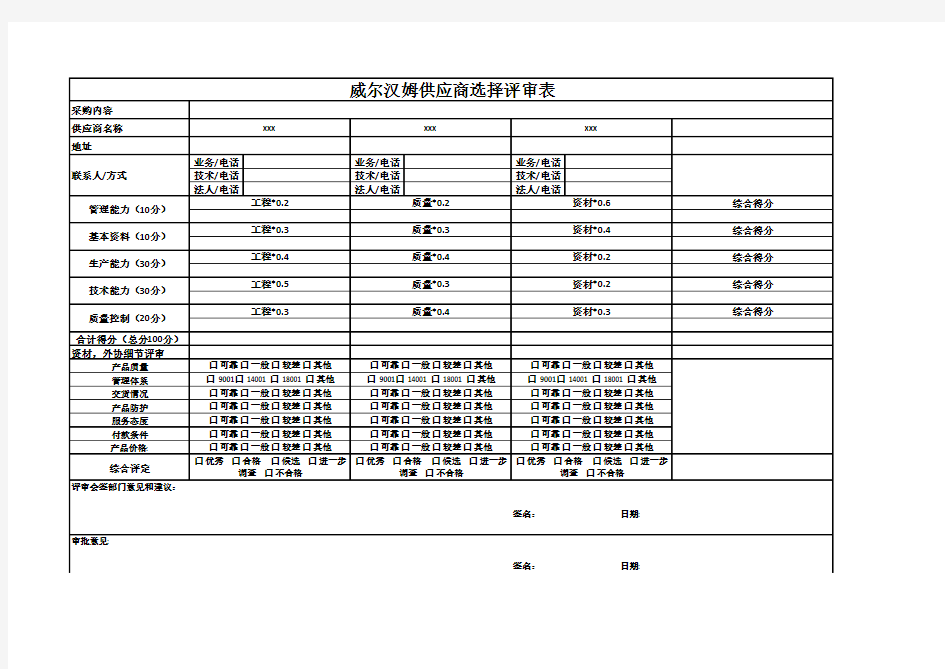 供应商选择评分表