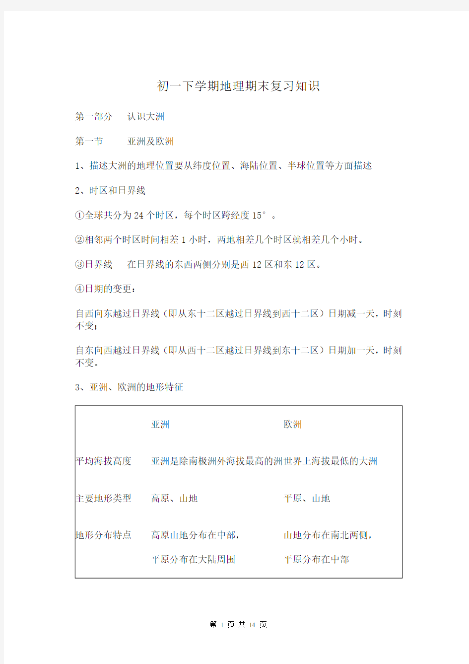 初一地理下学期期末考试知识点汇总