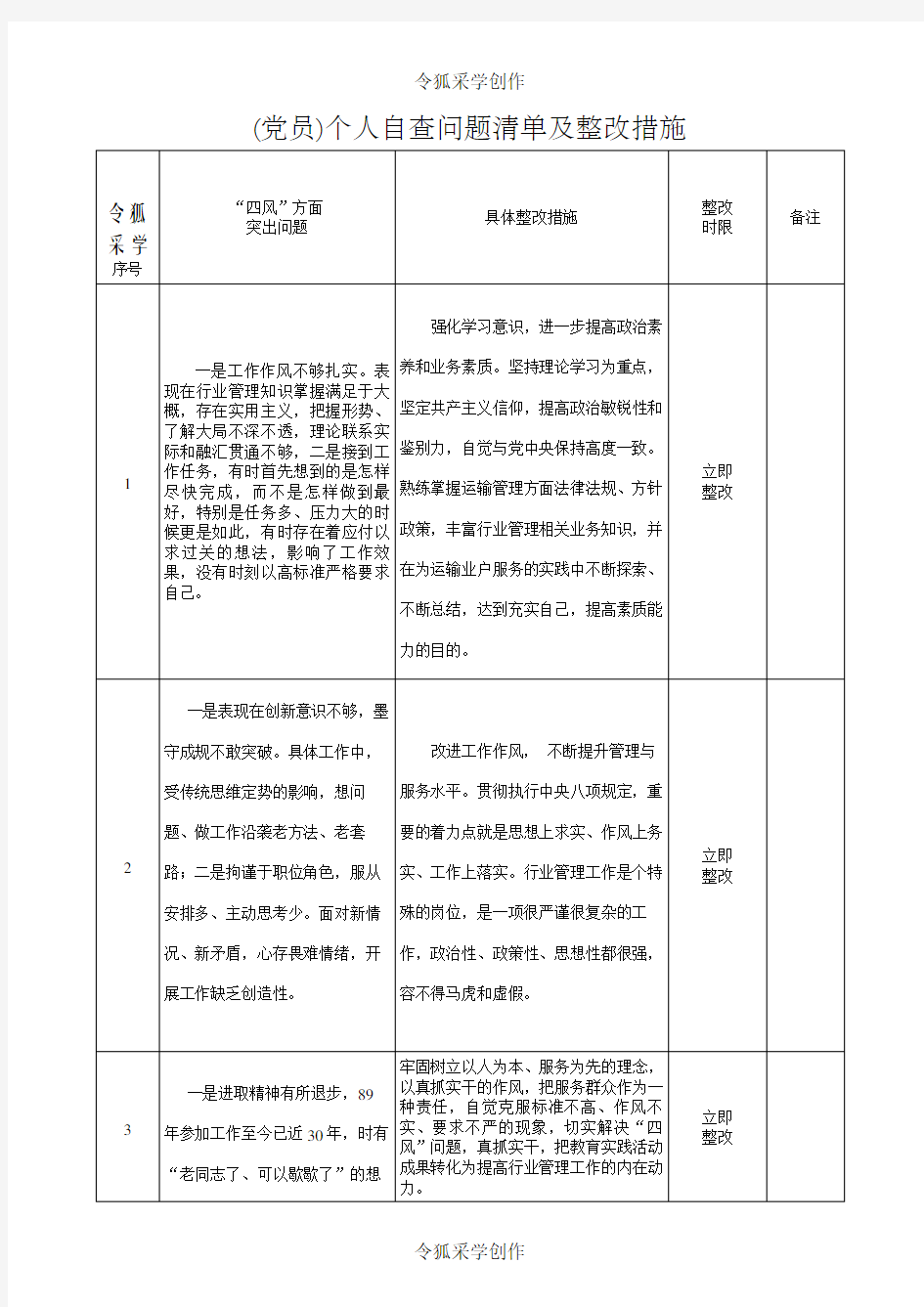 个人问题清单及整改措施